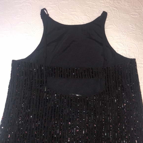 Parker Black Red Beaded Mini Dress Feathers XS - Picture 4 of 7